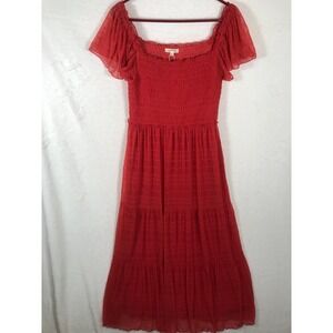 Max Studio Tiered Midi Dress Size Large Red Boho Smocked Flutter Sleeve Cute NEW